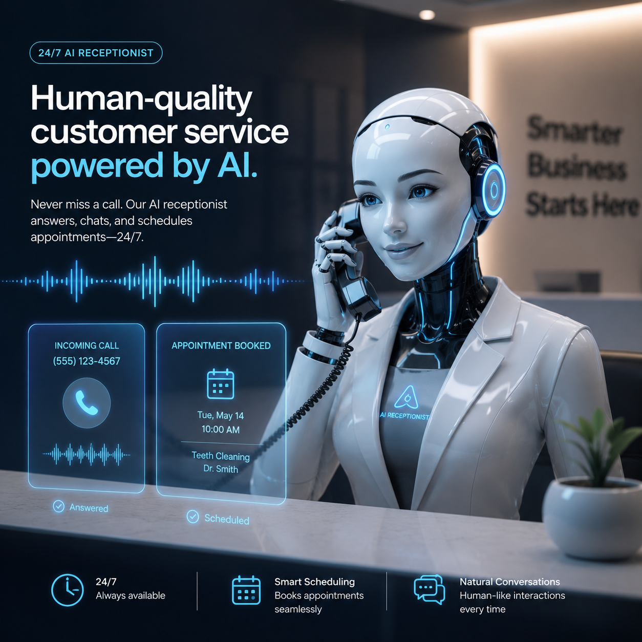A poised AI receptionist on a headset, with overlays showing an incoming call being answered and an appointment booked for a teeth cleaning.